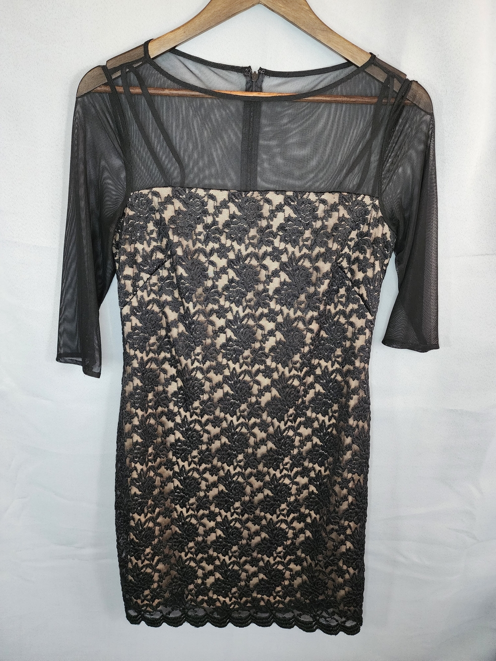 Adrianna Papell Black Lace Midi Dress with Nude Lining and Sheer Yoke
